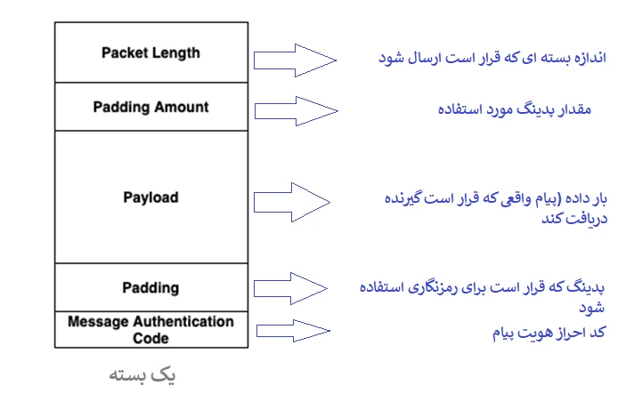 پروتکل SSH یک بسته اطلاعاتی را تجزیه کرده و اطلاعات رمزگذاری را به بسته اضافه می‌کند