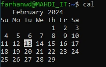 جواب دستور cal در bash