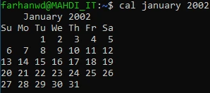 جواب دستور cal january 2002 در bash