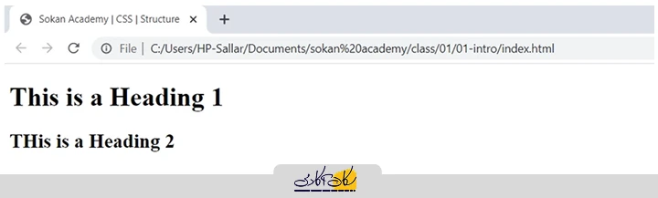 خروجی HTML در مرورگر، شامل یک تیتر سطح ۱ و یک تیتر سطح ۲