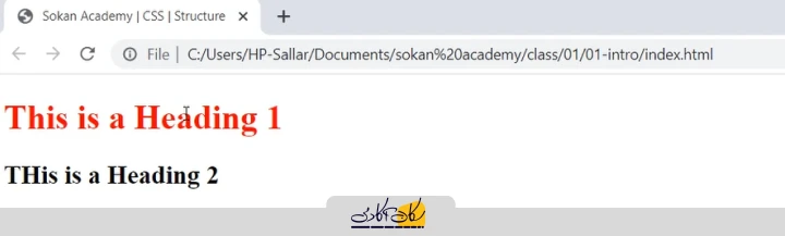 نمایش مرورگر از یک فایل HTML که در آن تیتر ۱ به رنگ قرمز است و تیتر ۲ به رنگ سیاه پیش‌فرض نمایش داده می‌شود.