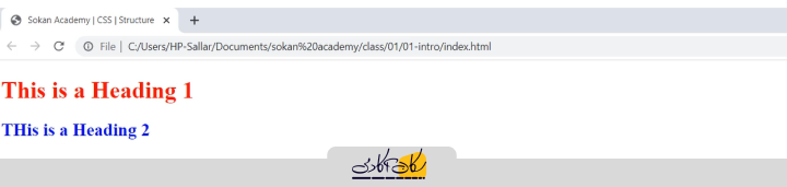 نمایش مرورگر از یک فایل HTML که در آن تیتر ۱ به رنگ قرمز و تیتر ۲ به رنگ آبی نمایش داده می‌شود و اعمال استایل CSS را بر روی هر دو تیتر نشان می‌دهد.