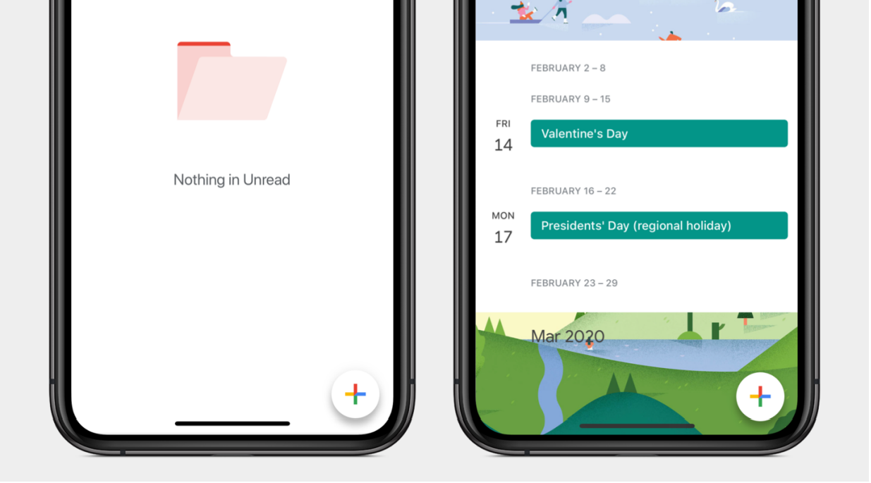 تصویر 5:نمونه هایی از دکمه عملکرد شناور از Material Design (منابع: Gmail و تقویم Google ، 2019)